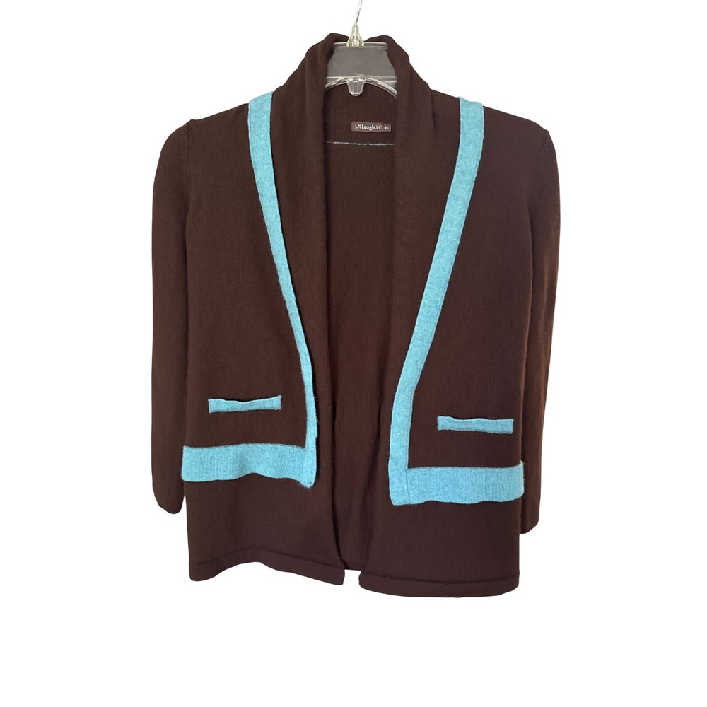 J. McLaughlin Cardigan‎ Sweater Merino Wool XS Open Front Brown Turquoise
